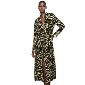 Zara Womens Printed Belted Long Sleeve Shirt Midi Dress Size M